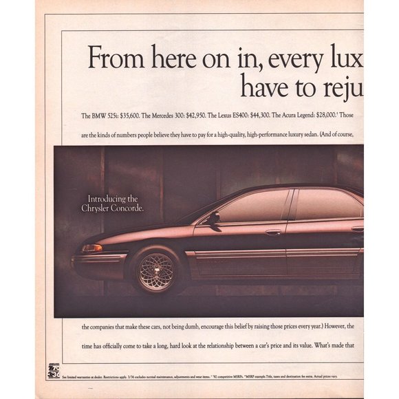 1993 Chrysler Concorde Luxury Sedan 2 Page Vintage Print Ad Wall Art Decor - Picture 2 of 3